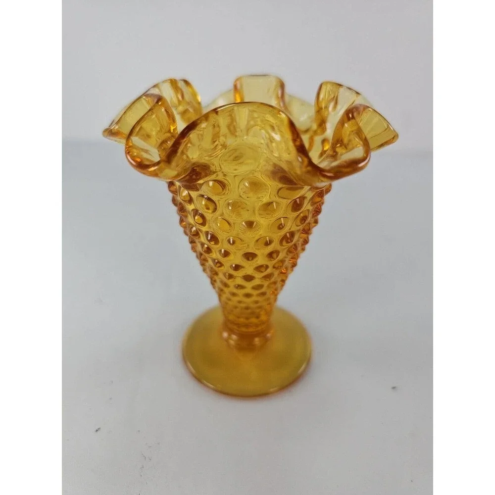 Fenton Amber Vase-Small Hobnail Fluted Ruffle 4 inches